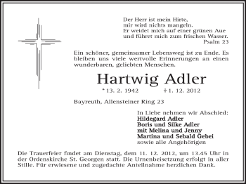 Anzeige von Hartwig Adler von Nordbayerischer Kurier