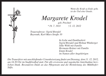 Anzeige von Margarete Krodel von Nordbayerischer Kurier