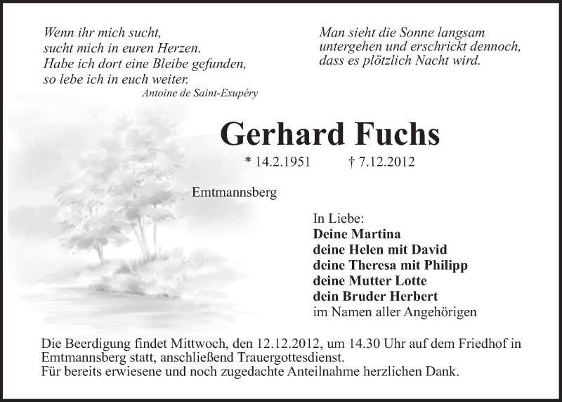  Traueranzeige für Gerhard Fuchs vom 10.12.2012 aus Nordbayerischer Kurier