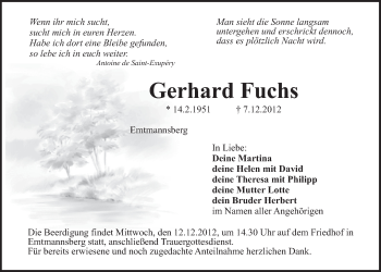 Anzeige von Gerhard Fuchs von Nordbayerischer Kurier