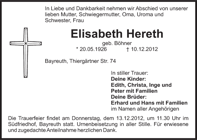  Traueranzeige für Elisabeth Hereth vom 12.12.2012 aus Nordbayerischer Kurier