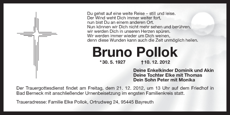  Traueranzeige für Bruno Pollok vom 15.12.2012 aus Nordbayerischer Kurier