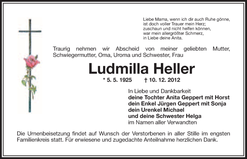  Traueranzeige für Ludmilla Heller vom 15.12.2012 aus Nordbayerischer Kurier