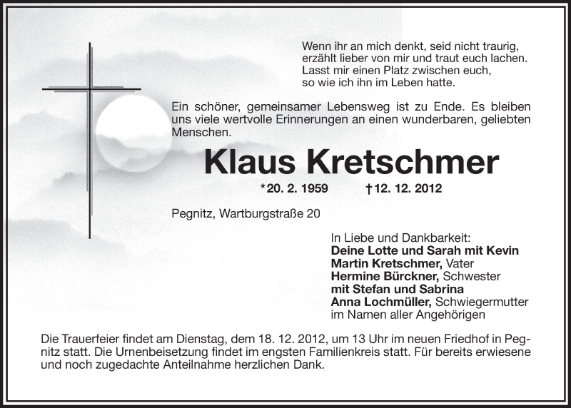  Traueranzeige für Klaus Kretschmer vom 15.12.2012 aus Nordbayerischer Kurier