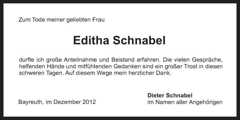  Traueranzeige für Editha Schnabel vom 15.12.2012 aus Nordbayerischer Kurier