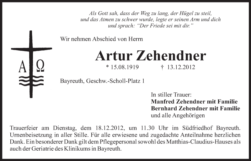  Traueranzeige für Artur Zehender vom 15.12.2012 aus Nordbayerischer Kurier