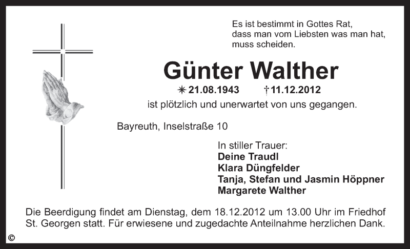  Traueranzeige für Günter Walther vom 15.12.2012 aus Nordbayerischer Kurier