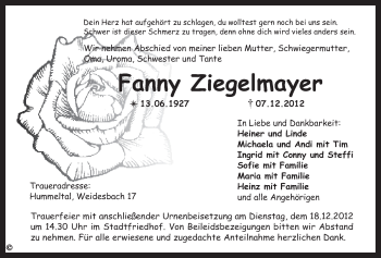 Anzeige von Fanny Ziegelmayer von Nordbayerischer Kurier