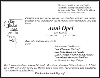 Anzeige von Anna Opel von Nordbayerischer Kurier