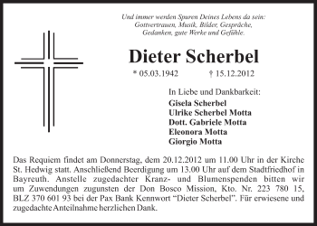 Anzeige von Dieter Scherbel von Nordbayerischer Kurier