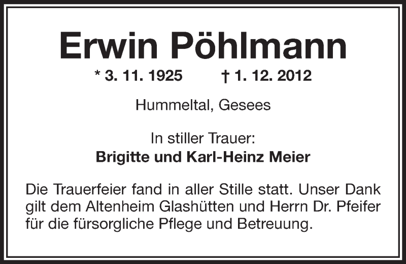  Traueranzeige für Erwin Pöhlmann vom 22.12.2012 aus Nordbayerischer Kurier