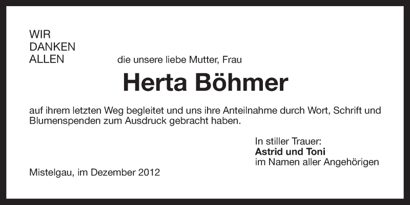  Traueranzeige für Herta Böhmer vom 29.12.2012 aus Nordbayerischer Kurier