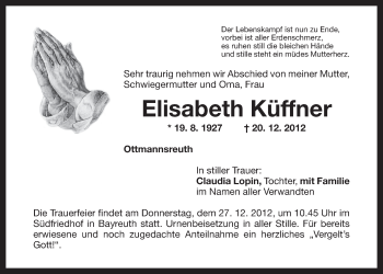 Anzeige von Elisabeth Küffner von Nordbayerischer Kurier