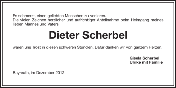 Anzeige von Dieter Scherbel von Nordbayerischer Kurier