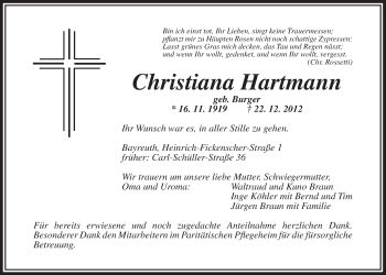 Anzeige von Christiana Hartmann von Nordbayerischer Kurier