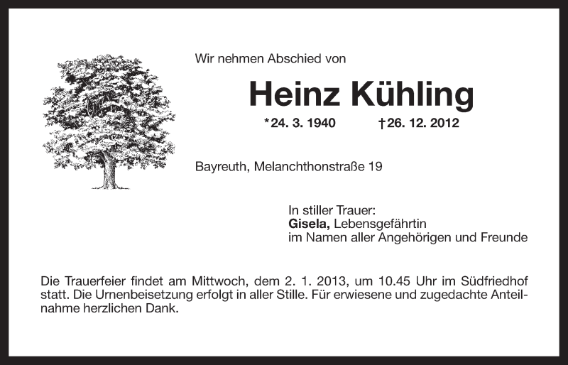  Traueranzeige für Heinz Kühling vom 29.12.2012 aus Nordbayerischer Kurier