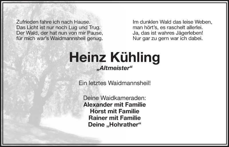  Traueranzeige für Heinz Kühling vom 29.12.2012 aus Nordbayerischer Kurier