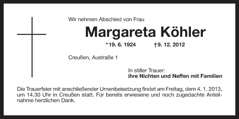  Traueranzeige für Margareta Köhler vom 02.01.2013 aus Nordbayerischer Kurier