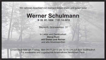 Anzeige von Werner Schulmann von Nordbayerischer Kurier