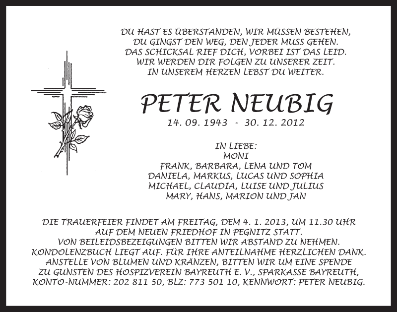  Traueranzeige für Peter Neubig vom 02.01.2013 aus Nordbayerischer Kurier