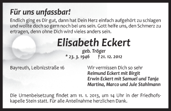 Anzeige von Elisabeth Eckert von Nordbayerischer Kurier