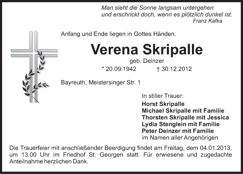  Traueranzeige für Verena Skripalle vom 02.01.2013 aus Nordbayerischer Kurier
