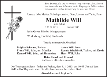 Anzeige von Mathilde Will von Nordbayerischer Kurier