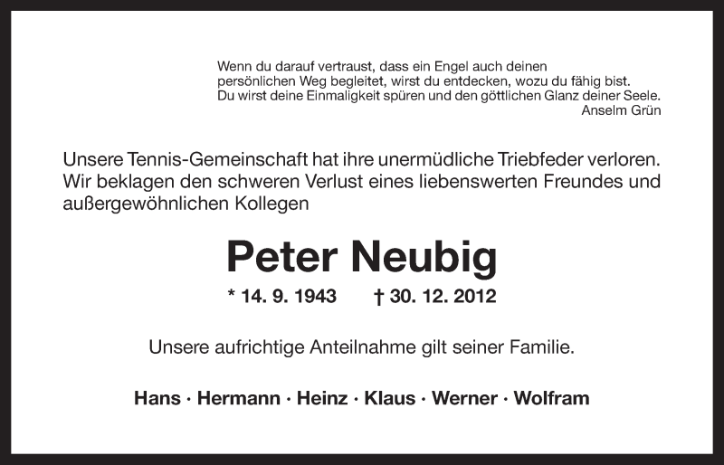  Traueranzeige für Peter Neubig vom 03.01.2013 aus Nordbayerischer Kurier