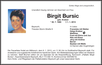 Anzeige von Birgit Bursic von Nordbayerischer Kurier