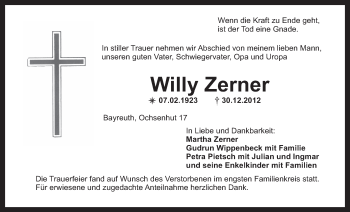 Anzeige von Willy Zerner von Nordbayerischer Kurier