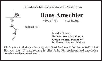 Anzeige von Hans Amschler von Nordbayerischer Kurier