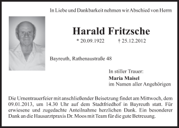 Anzeige von Harald Fritzsche von Nordbayerischer Kurier