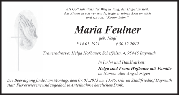 Anzeige von Maria Feulner von Nordbayerischer Kurier