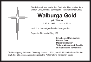 Anzeige von Walburga Gold von Nordbayerischer Kurier