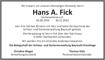 Anzeige von Hans Fick von Nordbayerischer Kurier