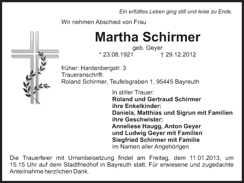  Traueranzeige für Martha Schirmer vom 08.01.2013 aus Nordbayerischer Kurier