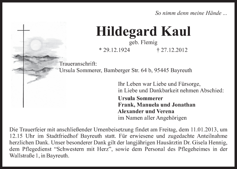  Traueranzeige für Hildegard Kaul vom 08.01.2013 aus Nordbayerischer Kurier