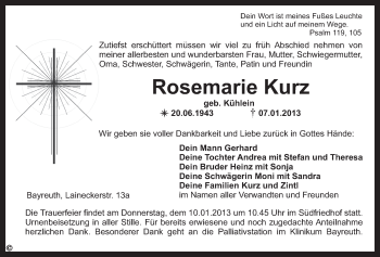 Anzeige von Rosemarie Kurz von Nordbayerischer Kurier