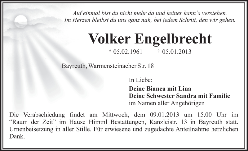  Traueranzeige für Volker Engelbrecht vom 08.01.2013 aus Nordbayerischer Kurier