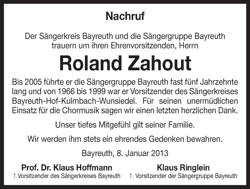  Traueranzeige für Roland Zahout vom 09.01.2013 aus Nordbayerischer Kurier