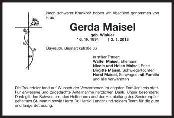 Anzeige von Gerda Maisel von Nordbayerischer Kurier