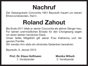 Anzeige von Roland Zahout von Nordbayerischer Kurier
