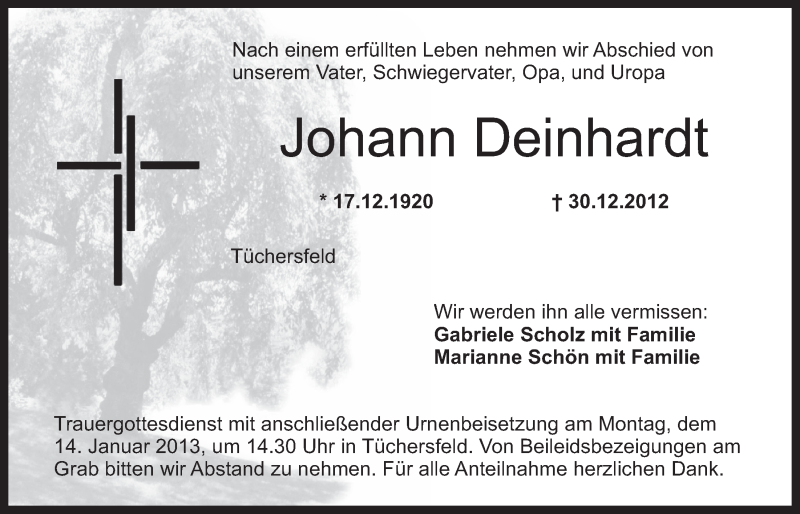  Traueranzeige für Johann Deinhardt vom 11.01.2013 aus Nordbayerischer Kurier