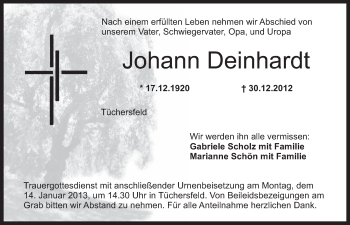 Anzeige von Johann Deinhardt von Nordbayerischer Kurier