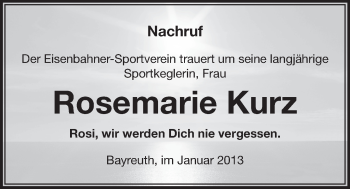 Anzeige von Rosemarie Kurz von Nordbayerischer Kurier