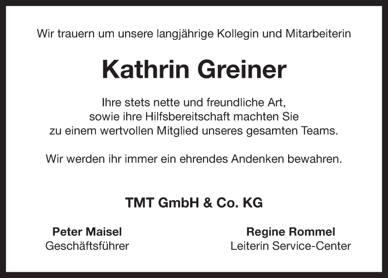  Traueranzeige für Kathrin Greiner vom 11.01.2013 aus Nordbayerischer Kurier