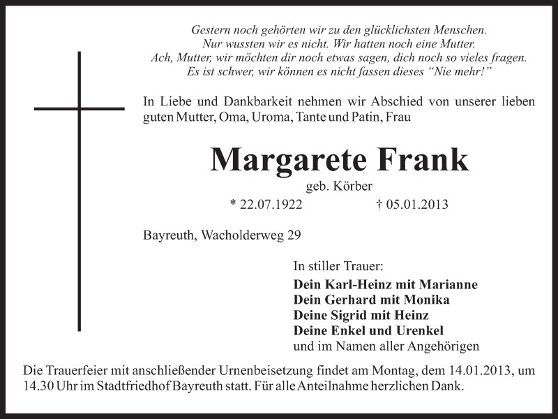  Traueranzeige für Margarete Frank vom 11.01.2013 aus Nordbayerischer Kurier