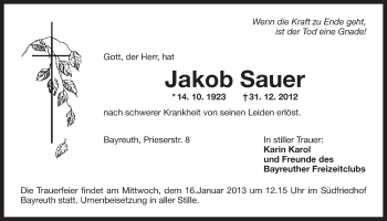 Anzeige von Jakob Sauer von Nordbayerischer Kurier