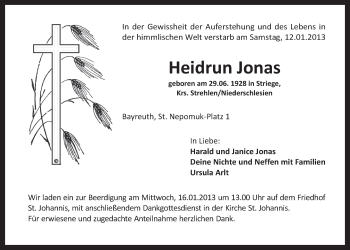 Anzeige von Heidrun Jonas von Nordbayerischer Kurier