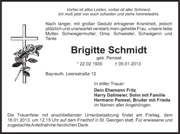 Anzeige von Brigitte Schmidt von Nordbayerischer Kurier